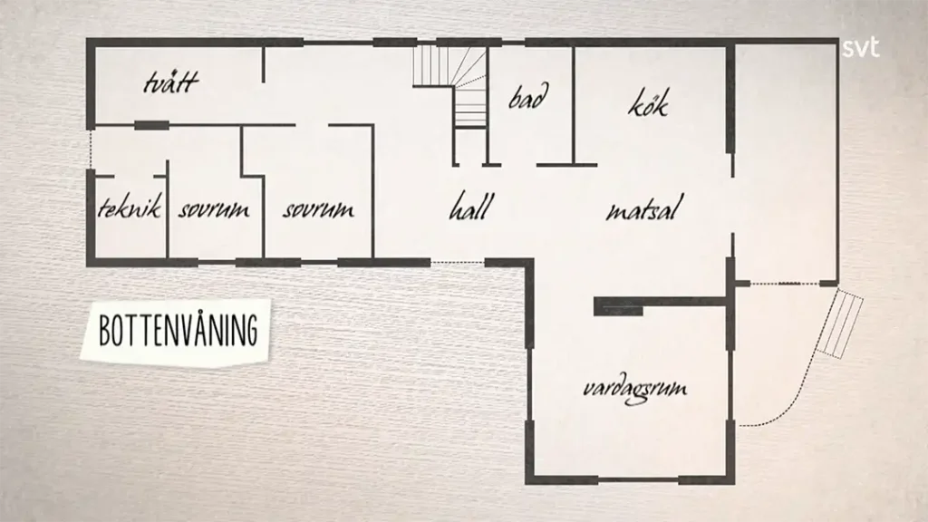 Stiligt - Svartvit planlösning märkt på svenska, visar rum inklusive tvätt, teknik, sovrum, bad, hall, kök, matsal och vardagsrum på nedre plan (bottenvåning).