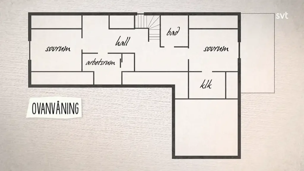 Stiligt - En planlösning märkt "OVANVÅNING" visar två sovrum, en hall, ett badrum, en hall och en klädkammare.