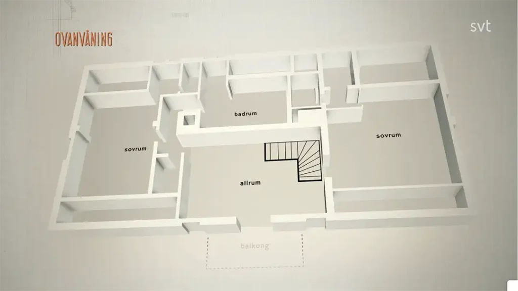 Stiligt - Utforska en 3D-planlösning av Borstahusen - Husdrömmar, med en övervåning med märkta rum: två sovrum (sovrum), ett badrum (badrum), ett vardagsrum (allrum) och en balkong (balkong).
