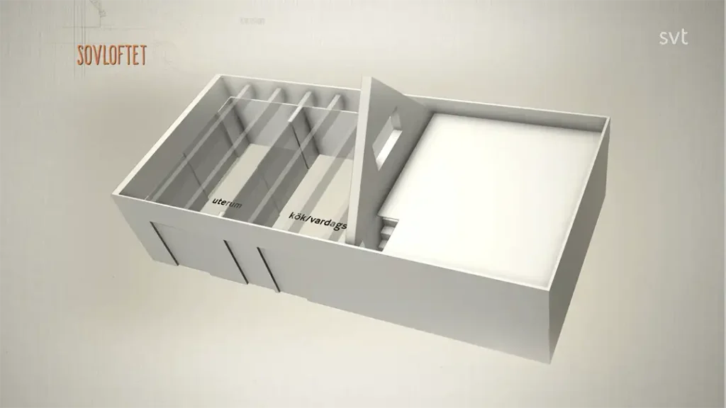 Stiligt - 3D planritning av en Kolonistugedröm i Malmö - Husdrömmar, med märkta sektioner "uterom" (uterum) och "kök/vardagsrum" (kök/vardagsrum), åtskilda av en mellanvägg.