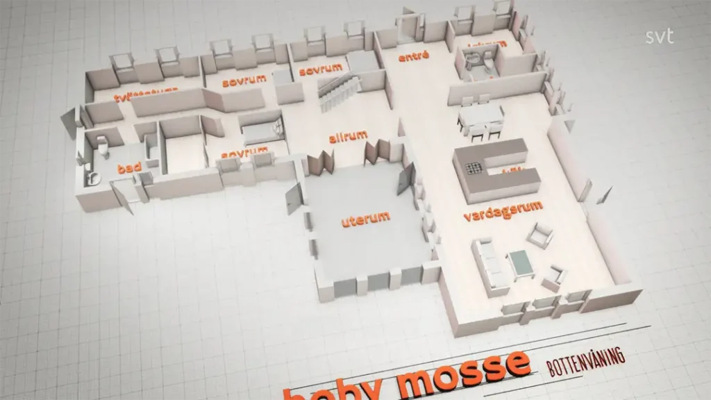Stiligt - 3D planritning av ett hus märkt på svenska, inspirerat av Hoby Mosse - Husdrömmar, som visar rum som vardagsrum (vardagsrum), kök (kök), sovrum (sovrum), bad (badrum) och livmoder (uterum).