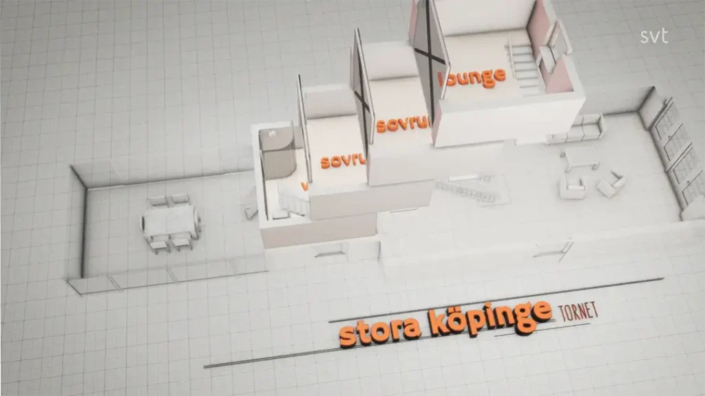 Stiligt - En 3D-planlösning märkt på svenska, med rum som "våning", "servrum", "lounge" och "stora köping" med rutnätslinjer i bakgrunden – perfekt för att visualisera din Stora Köpinge - Husdrömmar.