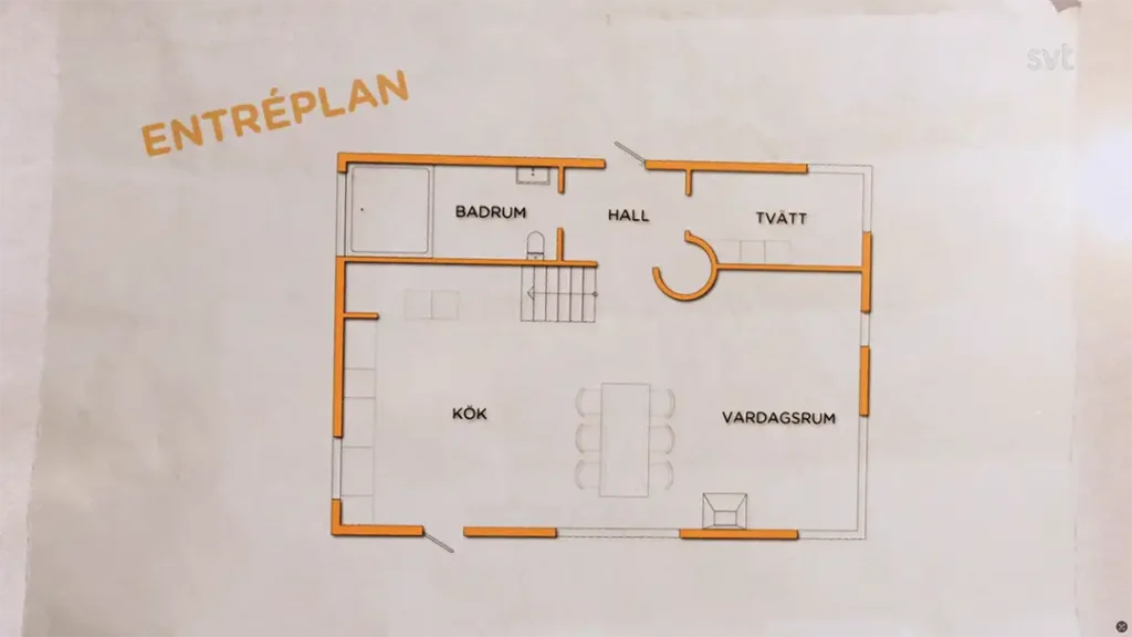 Stiligt - Planritning märkt "ENTRÉPLAN" från Västra Frölunda - Husdrömmar, visningshall, badrum, tvätt, kök och vardagsrum med orange konturer.
