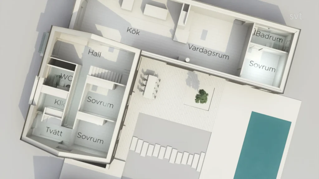 Stiligt - En vy uppifrån av ett Hjärup - Husdrömmar hus planlösning märkt på svenska, som visar rum, en pool och en uteplats med sittplatser och ett litet träd.