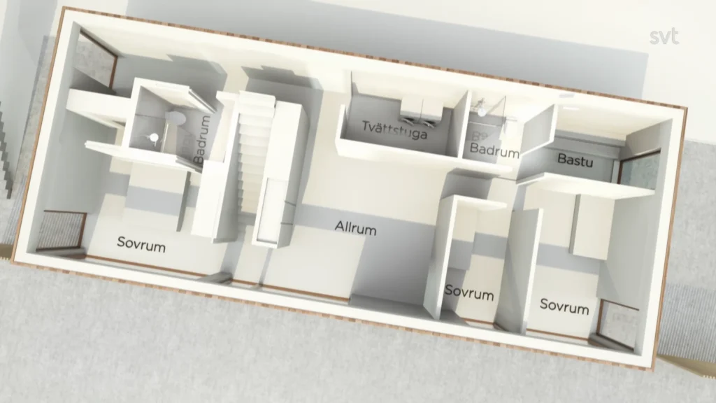 Stiligt - En planlösning i 3D på ett hus i Hovås – Husdrömmar visar märkta rum på svenska, inklusive allrum, sovrum, badrum, bastu och tvättstuga, sett uppifrån.