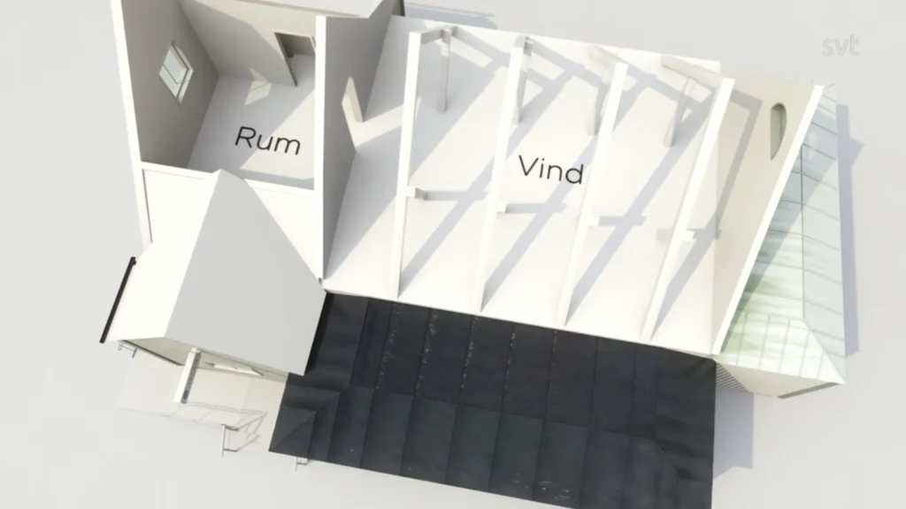 Stiligt - En top-down vy av en byggnads inredning från Västra Klappe - Husdrömmar, som visar märkta sektioner "Rum" och "Vind", med skuggor från balkar gjutna över golvet.