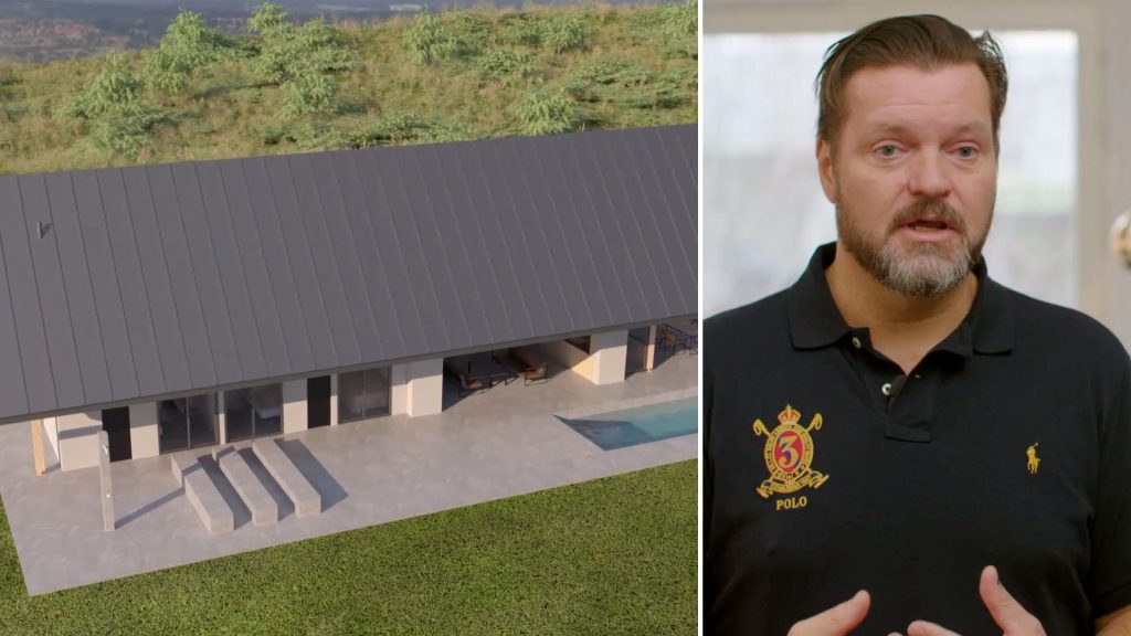 Stiligt - Delad bild: Till vänster ett modernt gotlandsinspirerat hus med plåttak och pool; till höger talar en man med skägg och mustasch i en svart skjorta inomhus, vilket frammanar Grand Designs-stil.