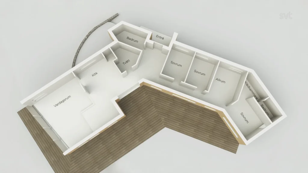 Stiligt - En 3D-planlösning inspirerad av Bohuslän - Husdrömmar har märkta rum inklusive kök, badrum, flera sovrum, entré och ett stort trädäck.