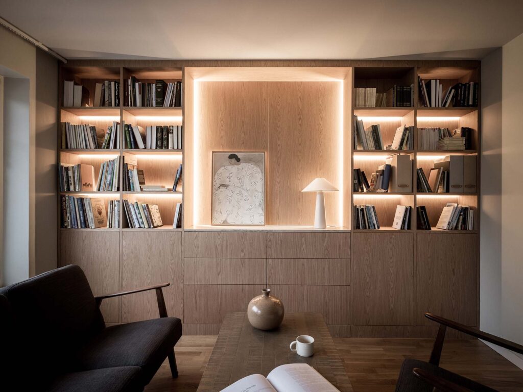 Built-in bookcase oak stained oak built-in lighting