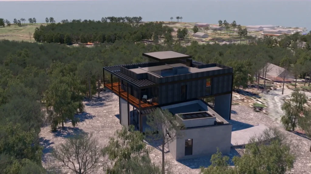 Stiligt - Ett modernt tvåvåningshus med partier av mörk metall och ljus betong står bland träd i ett skogsområde i Österåker – värdigt Grand Designs – med avlägsna byggnader och vatten synligt i bakgrunden.