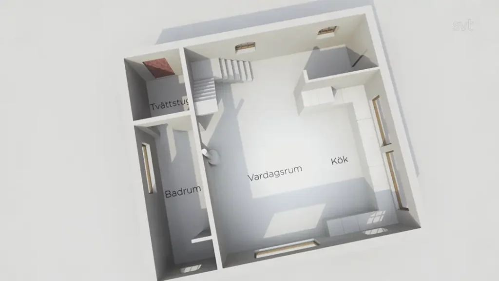 Stiligt - 3D-plan för Härnestad - Husdrömmar, som visar fyra märkta rum: Tvättstuga (tvättstuga), Badrum (badrum), Vardagsrum (vardagsrum) och Kök (kök), med trappa upp.