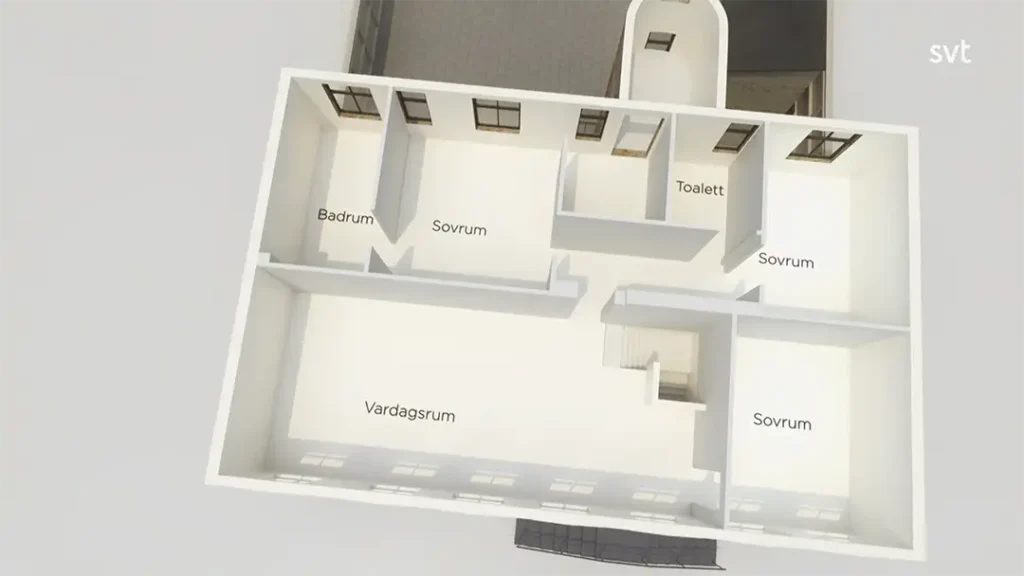 Stiligt - 3D planlösning av ett Landskrona - Husdrömmar hus med märkta rum på svenska: Badrum (badrum), Sovrum (sovrum), Toalett (toalett) och Vardagsrum (vardagsrum).