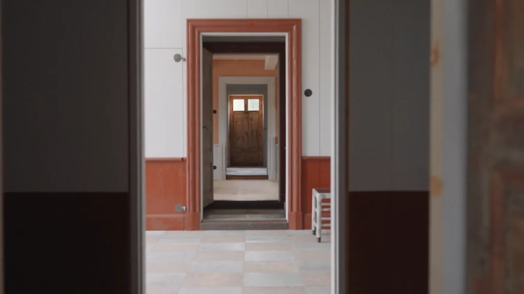 Stiligt - En vy genom flera dörröppningar i ett tomt inre utrymme med vita och bruna väggar och klinkergolv, som leder till en trädörr längst ut – som påminner om ett Grand Designs-projekt i Linköping.