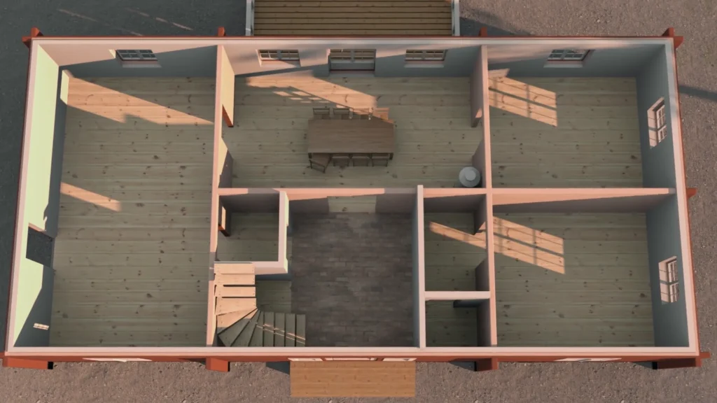 Stiligt - En vy uppifrån av en planlösning för huset, inspirerad av Grand Designs i Linköping, med flera rum, en matplats med bord och stolar, en trappa och olika dörröppningar och fönster.