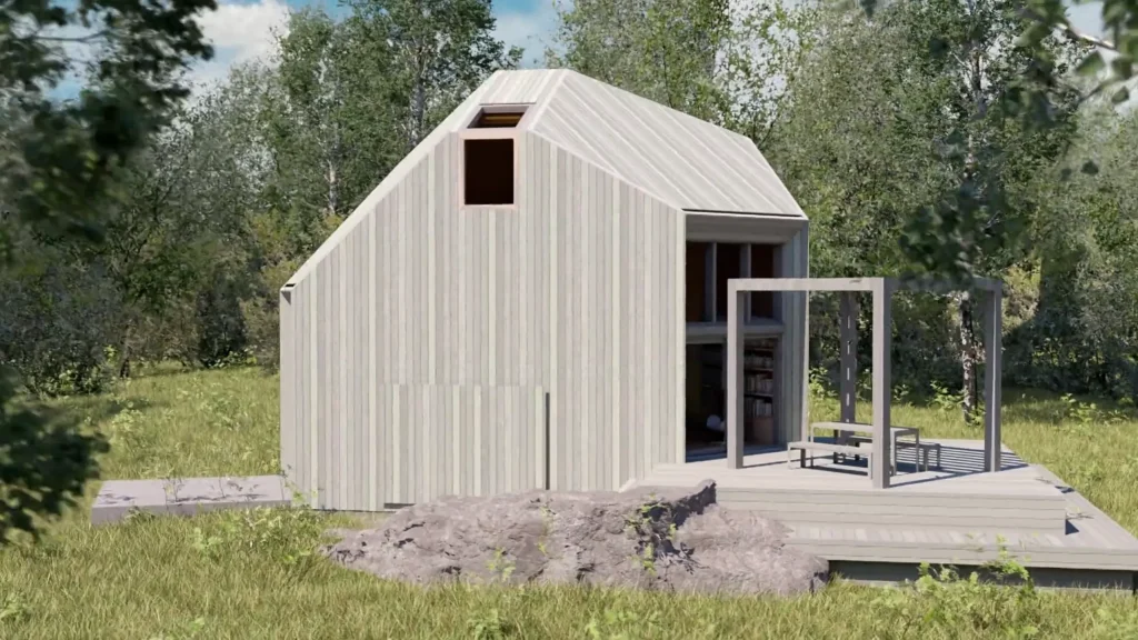 Stiligt - En modern, minimalistisk trästuga inspirerad av Höganäs - Grand Designs har ett kantigt tak och stora fönster, inbäddat på en gräsbevuxen tomt bland träd, komplett med ett litet trädäck framför.