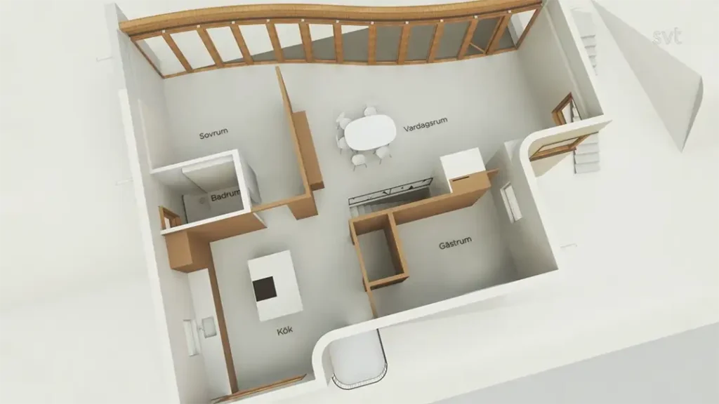 Stiligt - En planlösning i 3D på en lägenhet i Saltsjöbaden – Husdrömmar visar märkta rum: Sovrum (sovrum), Badrum (badrum), Kök (kök), Vardagsrum (vardagsrum) och Gästrum (gästrum).
