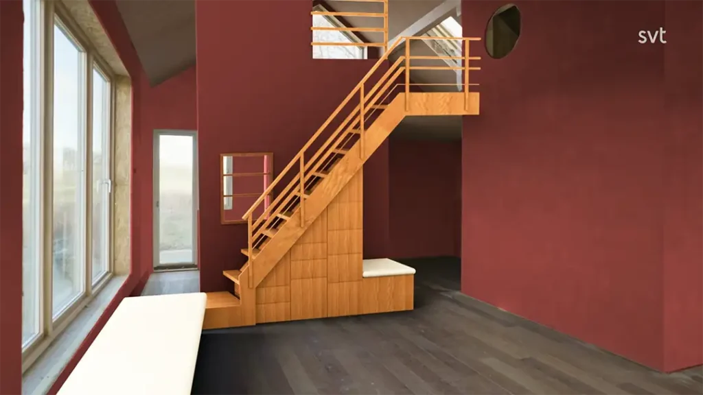 Stiligt - Modern inredning inspirerad av Fyledalen - Husdrömmar, med mörkröda väggar, stora fönster, mörka trägolv och en central trätrappa med inbyggd förvaring och sittplatser.