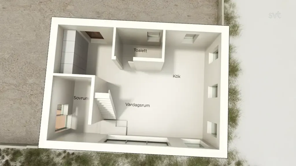 Stiligt - En planlösning i 3D på ett litet hus inspirerat av Fyledalen - Husdrömmar, med märkta rum: Sovrum (sovrum), Vardagsrum (vardagsrum), Kök (kök) och Toalett (toalett).