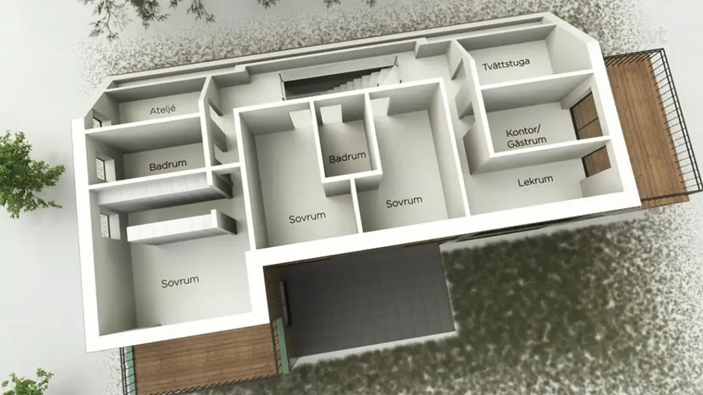 Stiligt - En top-down vy av en planlösning inspirerad av Höllviken - Husdrömmar, med märkta rum på svenska, inklusive sovrum, badrum, en studio, tvättstuga, kontor/gästrum och lekrum.