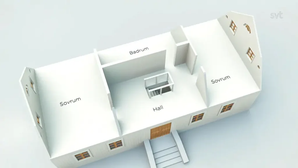 Stiligt - 3D planritning av ett Lopperstad - Husdrömmar hus som visar märkta rum på svenska: två sovrum (Sovrum), ett badrum (Badrum) och en hall (Hall) med trappa vid entrén.