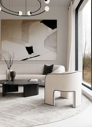 Stylish - A modern living room with white furniture and a large chalkboard interior design.