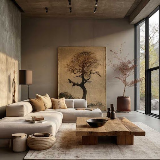 Stylish - A modern living room with a tree on the wall designed by interior design.