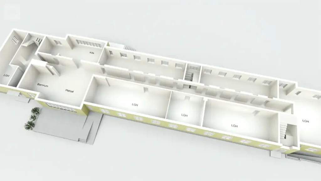 Stiligt - 3D planritning av en rektangulär byggnad i Malmö, med på Husdrömmar, som visar separata rum märkta LGH, en huvudkorridor, trappor och en entré med växter utanför.