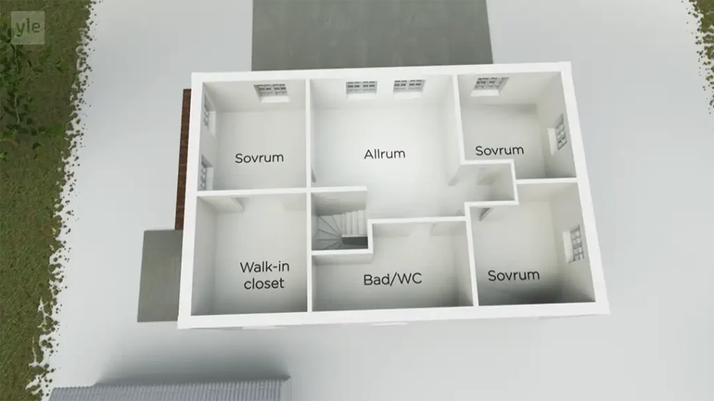Stiligt - En 3D-planlösning på ett hus i Kristianstad – Husdrömmar, med tre sovrum (Sovrum), ett vardagsrum (Allrum), en klädkammare och ett badrum (Bad/WC).