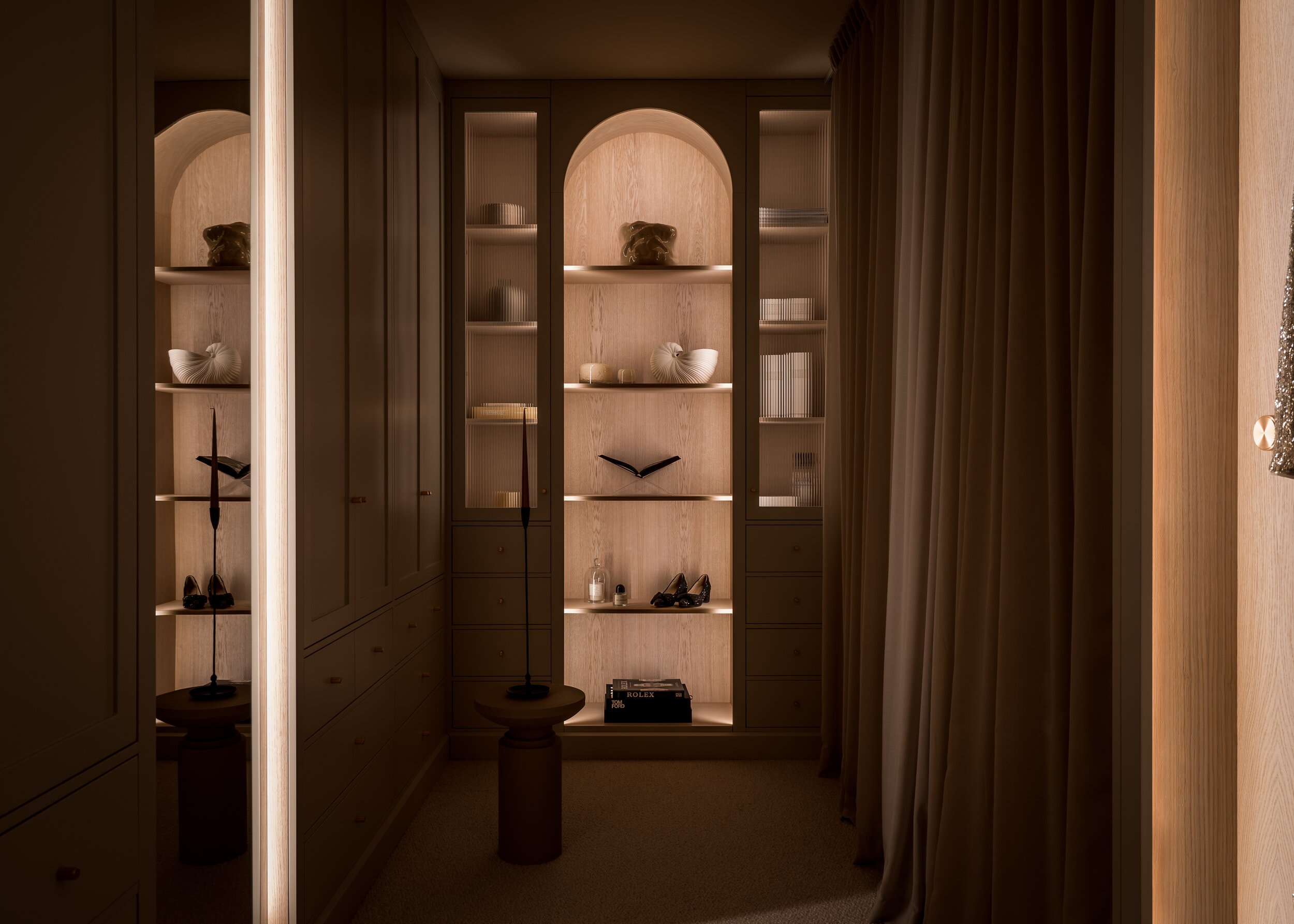 Stylish - A luxurious walk-in closet with shelves and a lamp.