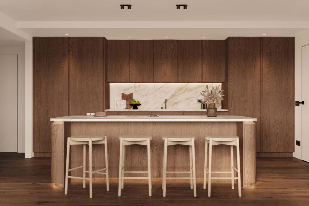Stylish - A modern, stylish kitchen with dark wood cabinets, a marble backsplash and an island adorned with four wooden stools.