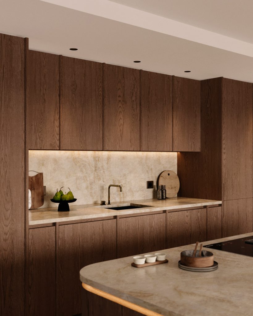 Stylish - Stylish modern kitchen with wooden cabinets, marble backsplash and island. Features a stainless steel faucet, black bowl with green apples and cutting boards along with subtle under cabinet lighting.