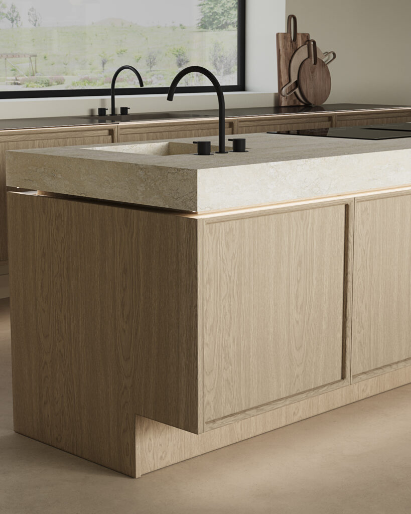 Stylish - Danish-style wooden kitchen with a stylishly modern kitchen island features a stone countertop and built-in sink with matte black fixtures, embedded in light wood cabinetry. Wall-mounted cutting boards add a touch of practicality to the background.