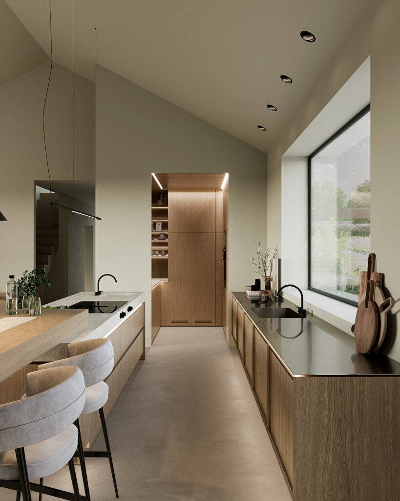 Stylish - A stylish modern kitchen has wooden cabinets, two stools at the counter, sleek black countertops, a large window and minimalist decor.