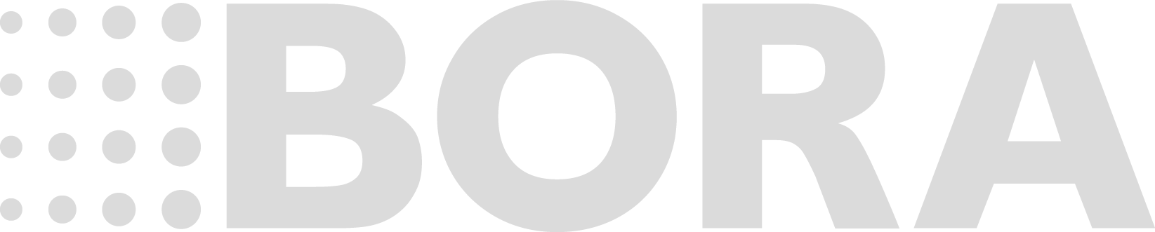 Stiligt - Logotyp med ordet "BORA" i ljusgrått, föregås av ett stiligt rutnät av prickar som bildar en tresidig fyrkant.