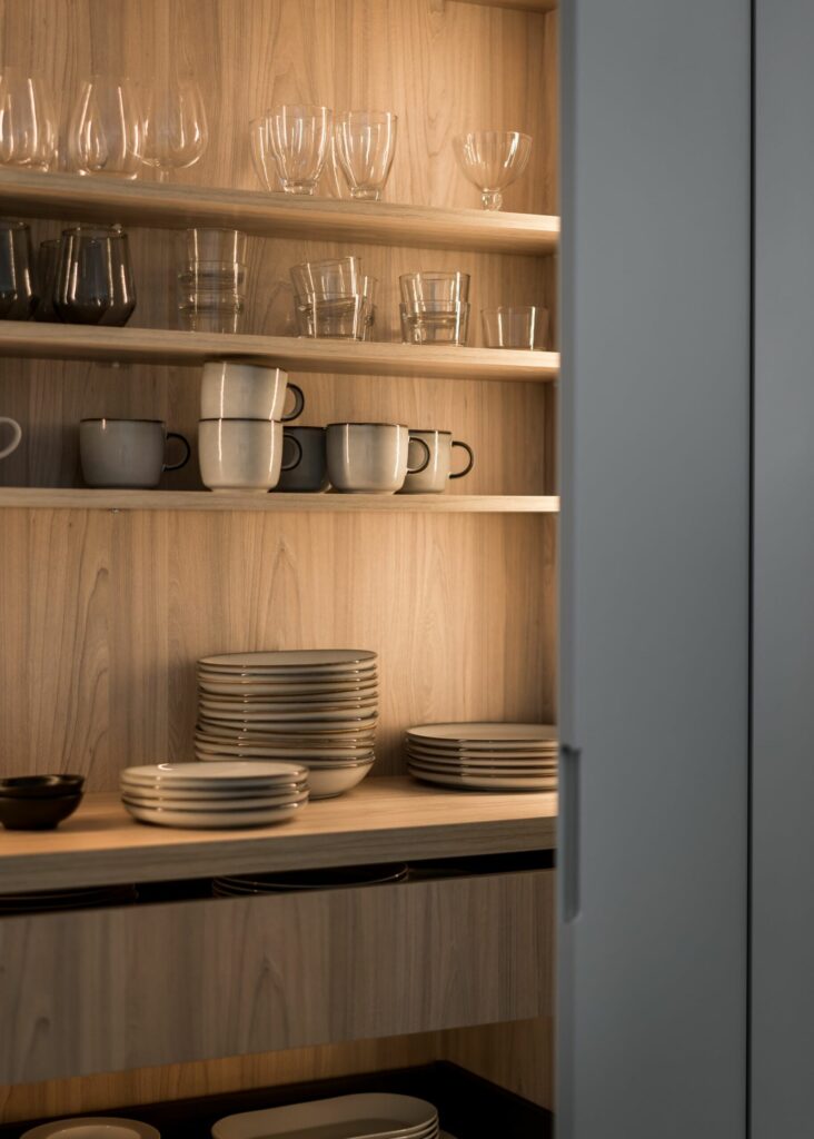 Stylish - Stylish wooden cabinet with open shelves with neatly arranged glasses, mugs and stacked plates.