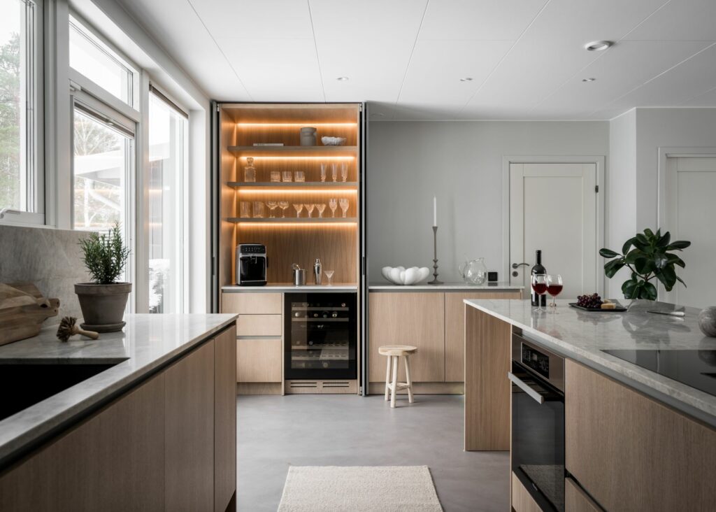 Stylish - Stylish modern kitchen with light wood cabinets, glasses on lighted shelves, an espresso machine, and a glass wine bottle on the counter. Large windows flood the space with natural light.