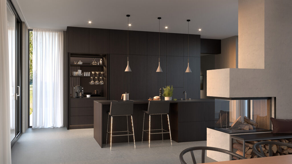 Stylish - A Minimalist Dark Oak Kitchen Stylish kitchen features dark cabinets, ceiling lights and a central island with bar stools. A cozy fireplace is visible in the foreground, while large windows with sheer curtains flood the space with natural light.