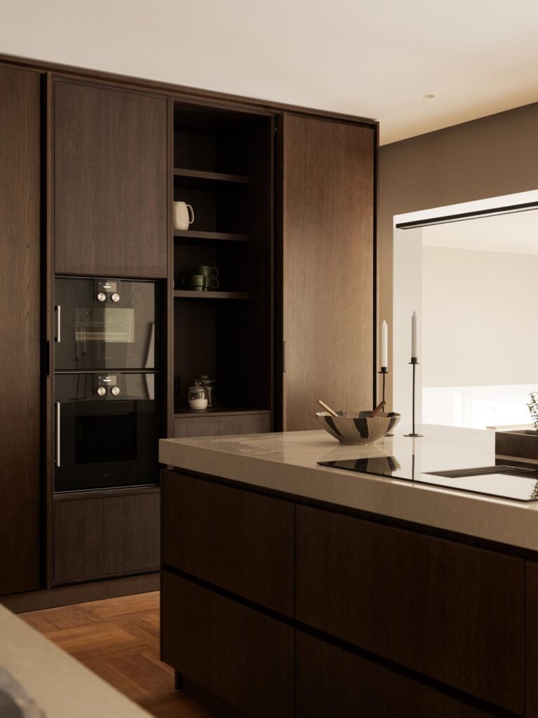 Stylish - Wooden kitchen with pocket doors and kaffemskin