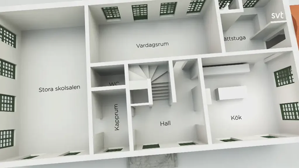 Stiligt - En 3D-planlösning märkt på svenska visar rum inklusive Kök (kök), Vardagsrum (vardagsrum), Hall, WC, Kappprum och Stora skolsalen (stor skolsal).