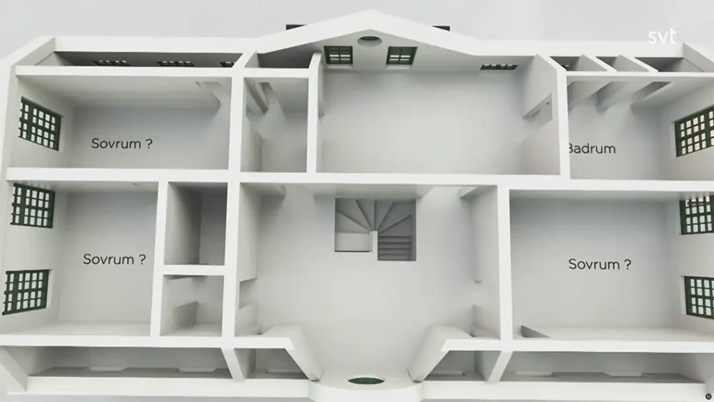 Stiligt - En planritning i 3D av ett hus visar märkta rum: tre märkta "Sovrum?" (sovrum?) och ett "Badrum" (badrum), med en central trappa och flera fönster.