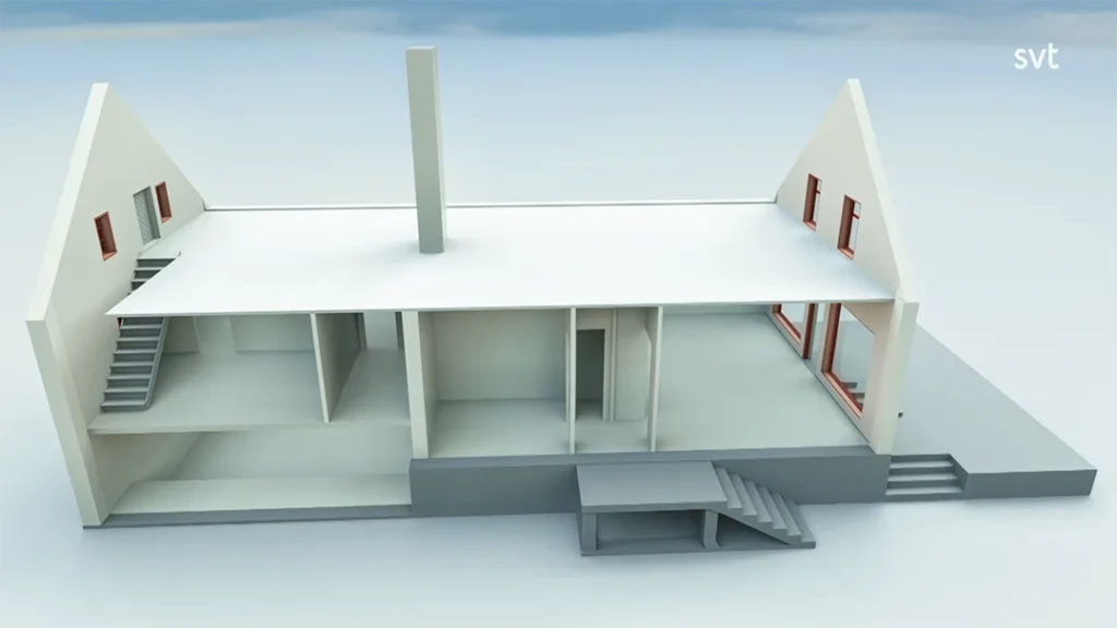Stylish - A cross-sectional illustration of a modern two-story house in a life project in Lye, showing interior rooms, stairs, windows and an outdoor entrance with steps.
