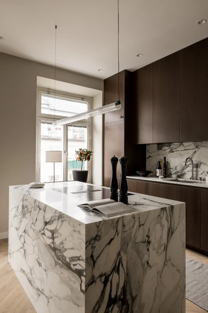 Stiligt - Modernt kök med mörka träskåp, marmorö och bänkskivor, pendellampa, diskho och ett fönster med krukväxt. Pepparkvarnar och en öppen bok finns på köksön.