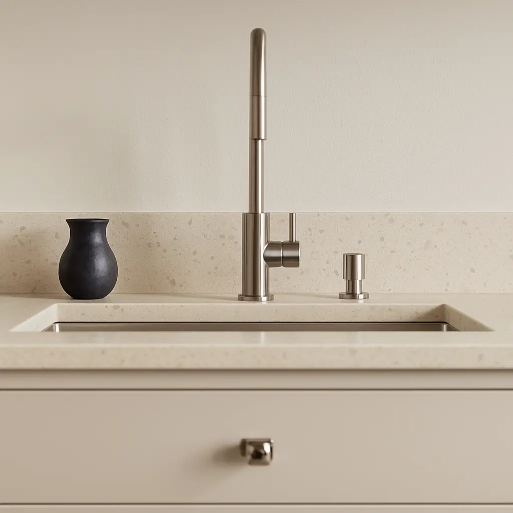 Stylish - A modern stainless steel kitchen faucet and soap dispenser are installed in a beige kitchen countertop, with a small dark vase on the left.