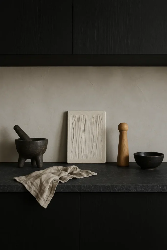 Stiligt - En mortel och stöt, vikt duk, texturerat konstverk, pepparkvarn i trä och skål är arrangerade på en mörk bänkskiva till kök mot en ljusbeige vägg.