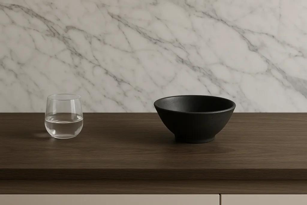 Stiligt - Ett glas vatten och en svart skål står på en bänkskiva av trä framför en vit marmorvägg.